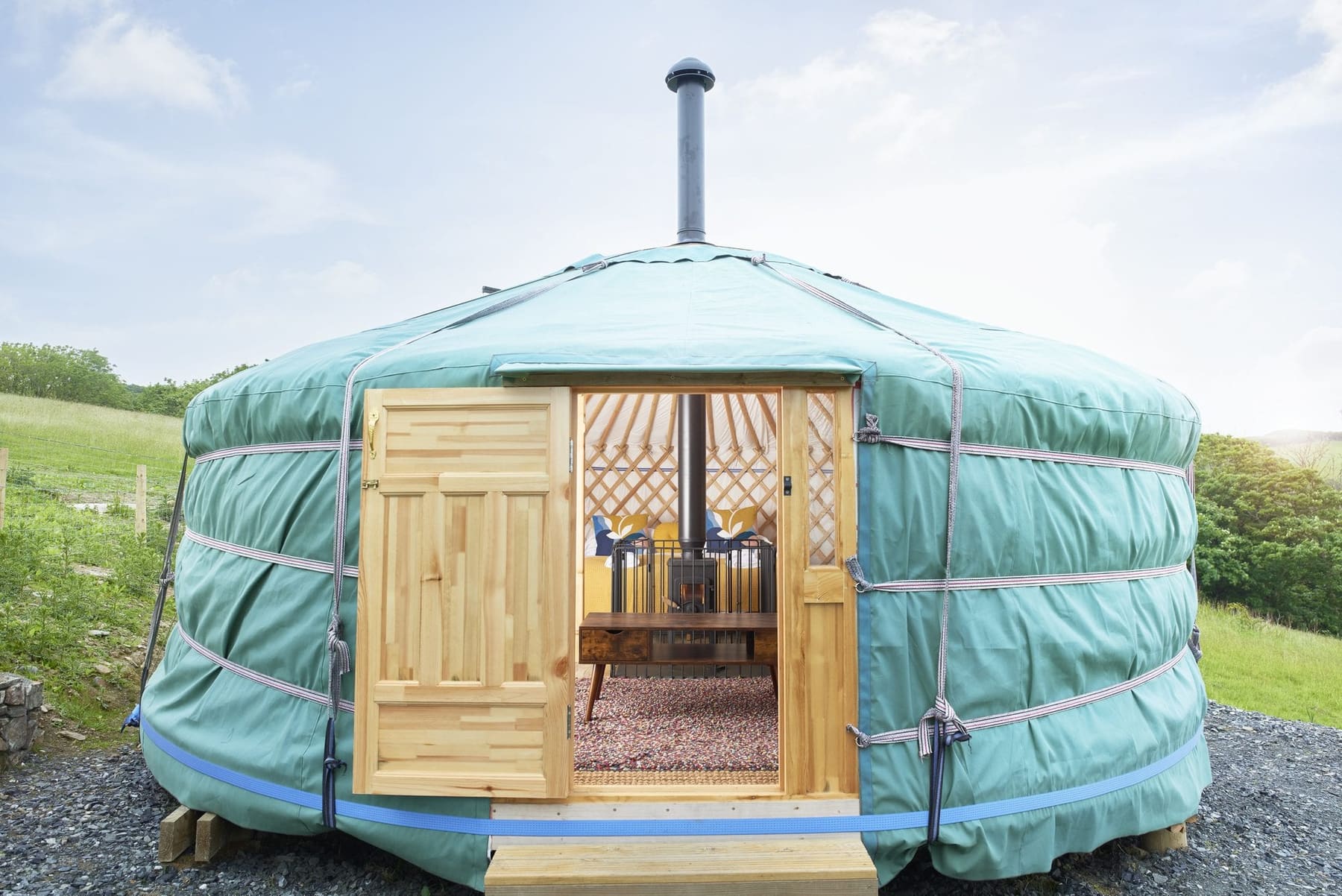 Authentic Mongolian glamping yurt in the meadow at Woodlands Manor Farm, Bude, Cornwall